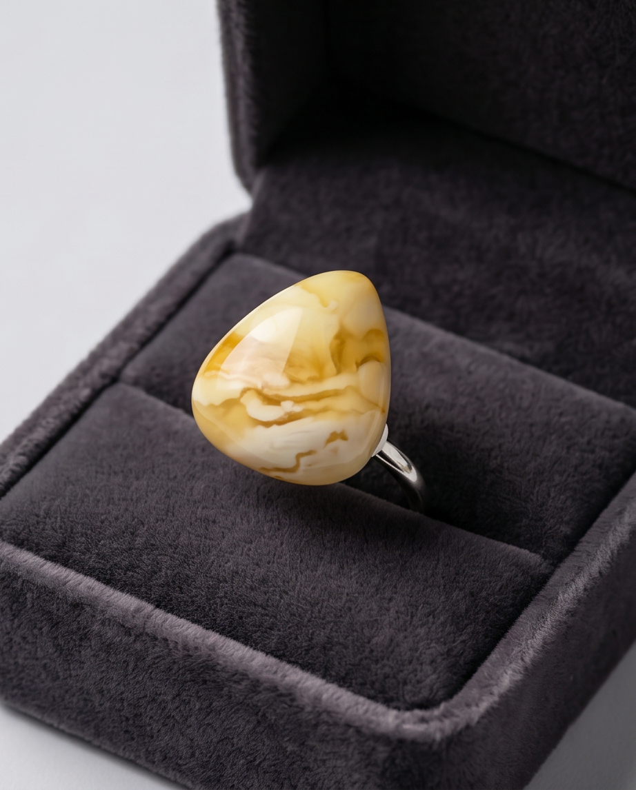 Bernsteinring „Royal Flower“ aus 925 Sterling Silber – Größenverstellbar