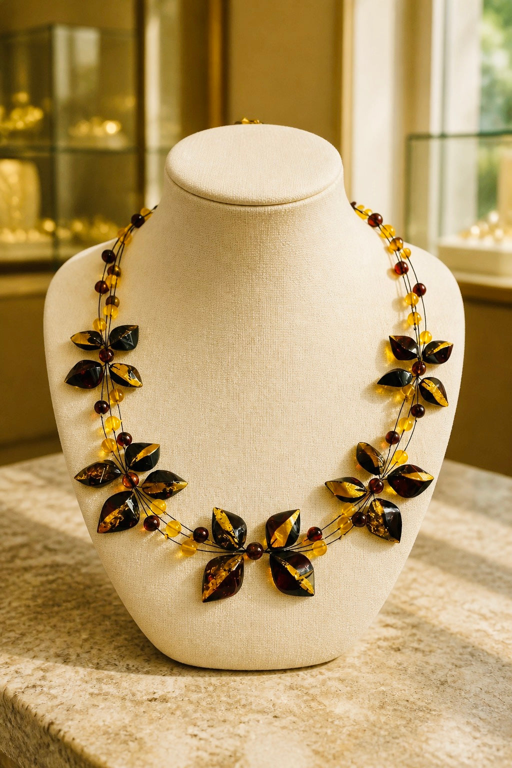 Romantisches Bernstein-Collier in edler Blüten- und Blätterform.