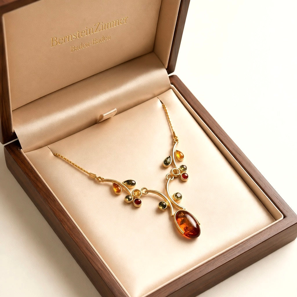 Collier „Blütenzweig“ aus 925 Sterling Silber vergoldet mit baltischem Bernstein