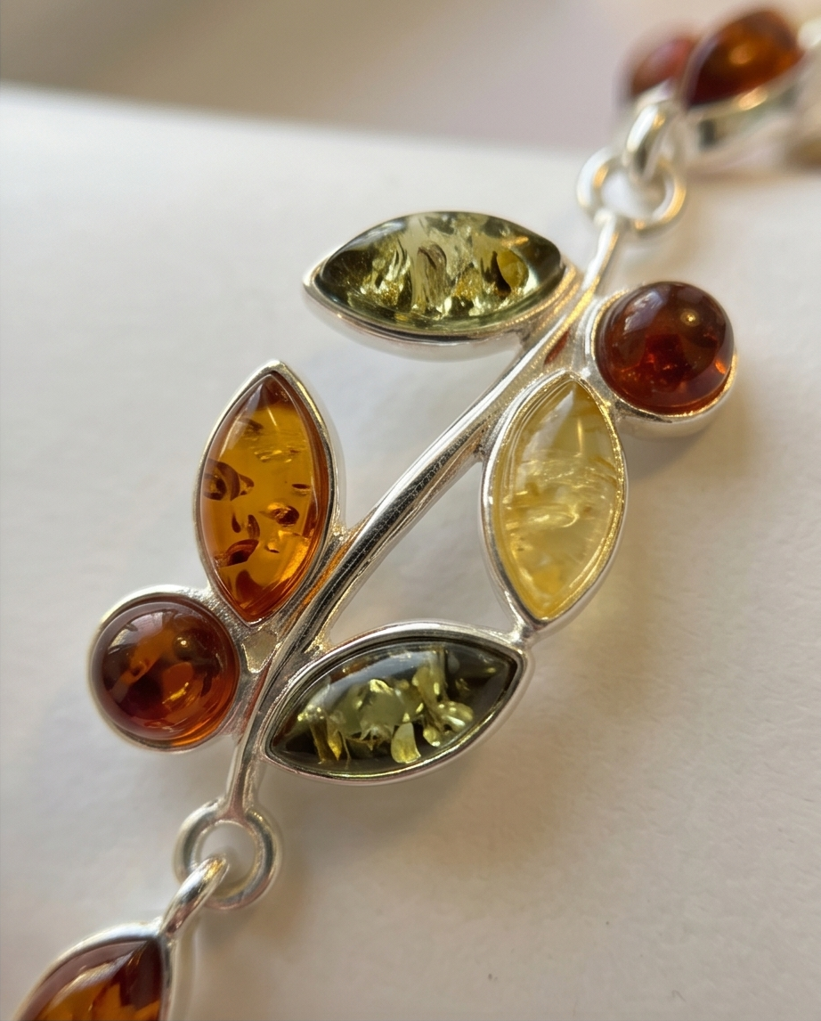 Armband „Blätterzauber“ mit bunten Bernsteinen.