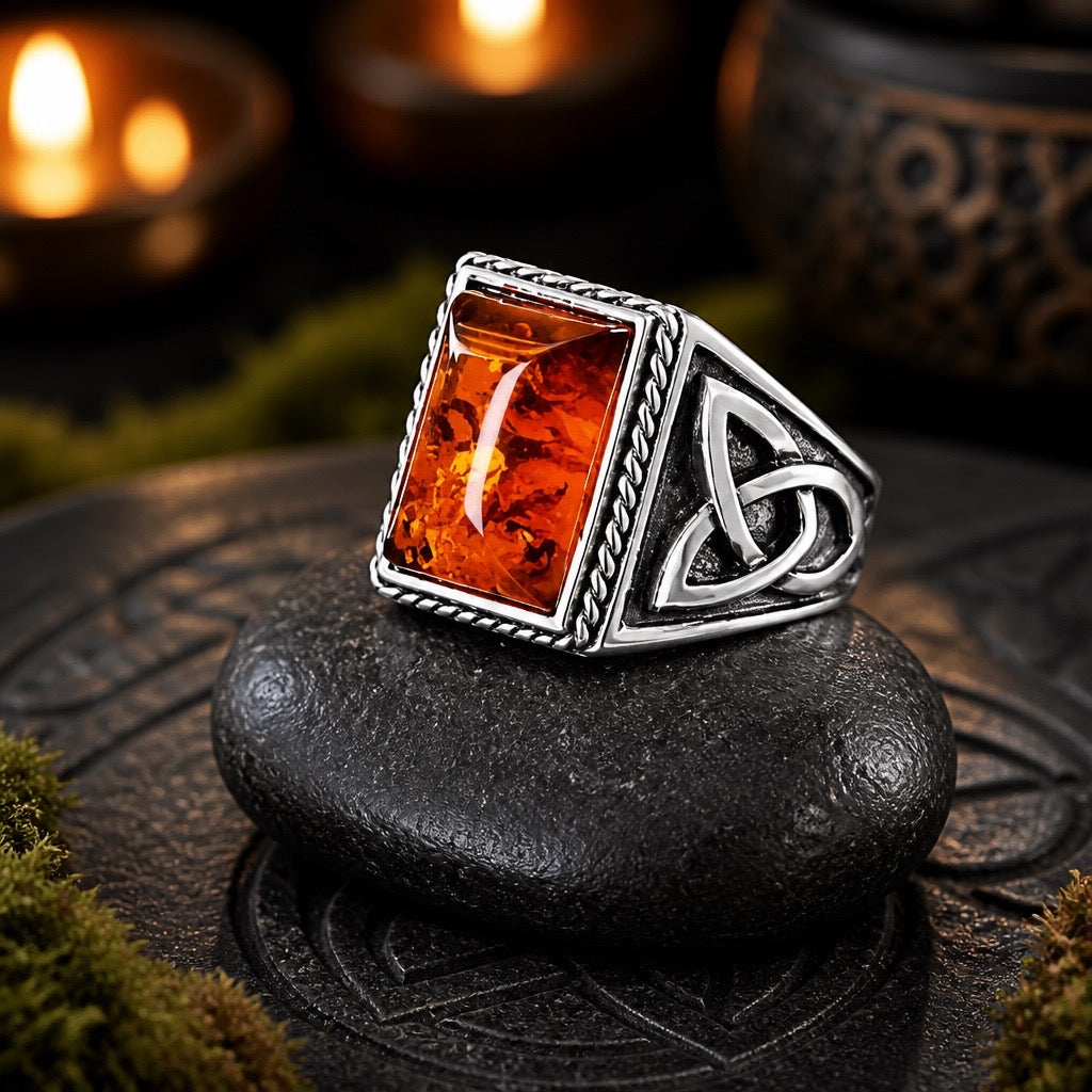 Massiver 925 Sterling Silber Ring im keltischen Design mit Bernstein