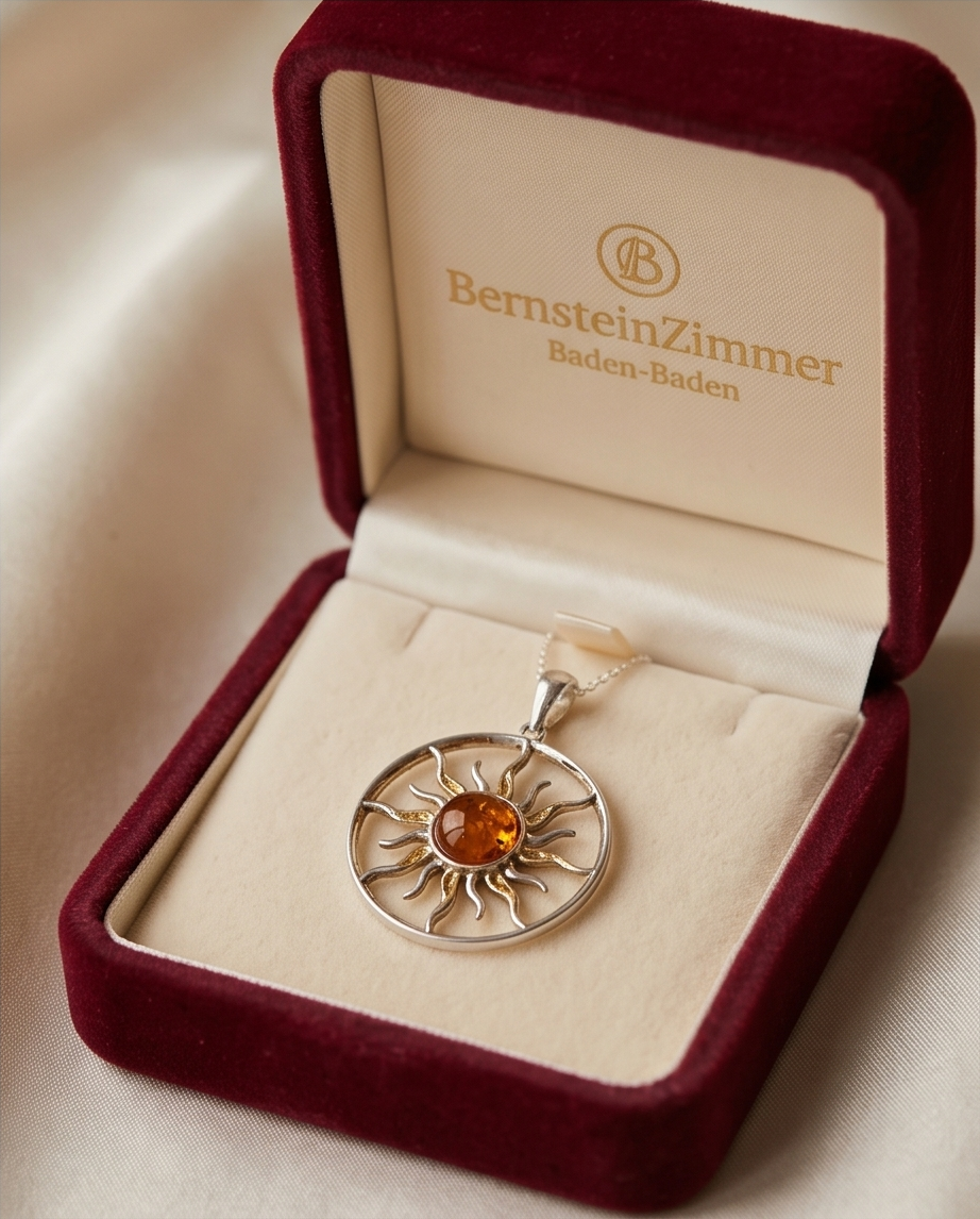 Sonnen Anhänger mit Cognac Bernstein – Symbol für Licht & innere Stärke.