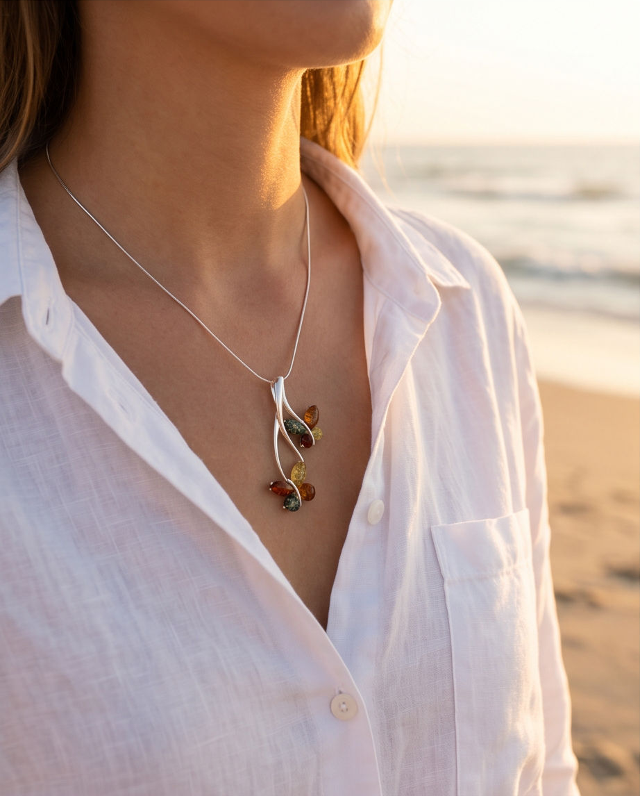Schmetterlingskette “Amber Wings” – 925 Sterling Silber mit echtem multicolor Bernstein