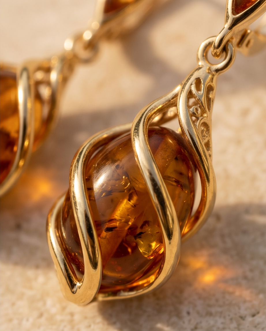 Ohrringe „goldene Spirale“ aus 925er Silber-vergoldet & Bernstein