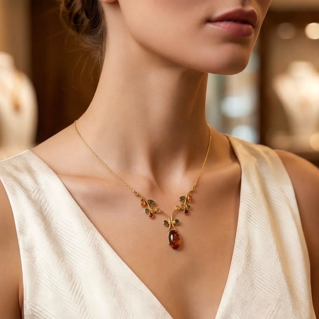 Collier „Blütenzweig“ aus 925 Sterling Silber vergoldet mit baltischem Bernstein
