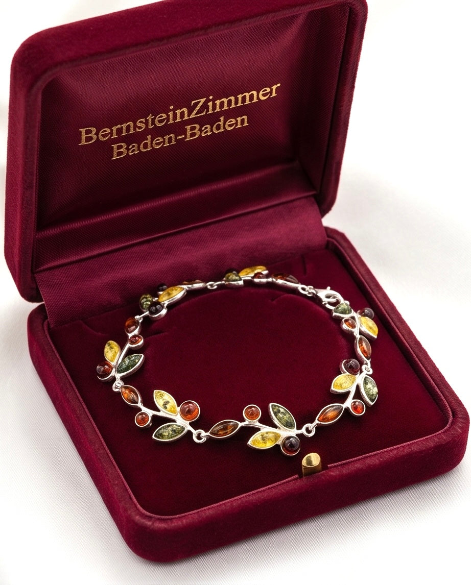 Armband „Blätterzauber“ mit bunten Bernsteinen.