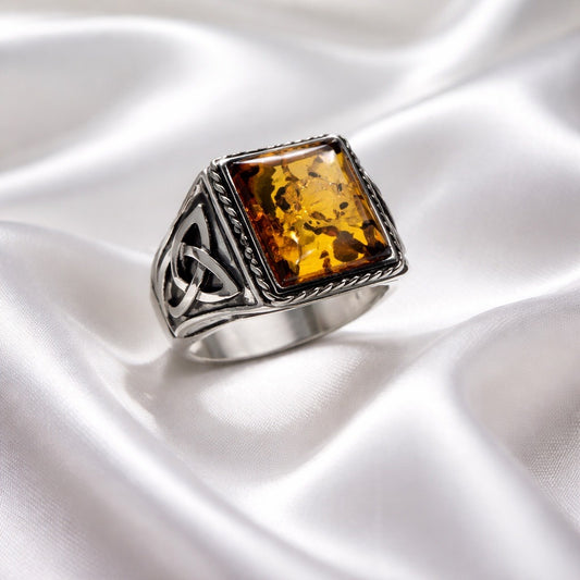 Massiver 925 Sterling Silber Ring im keltischen Design mit Bernstein