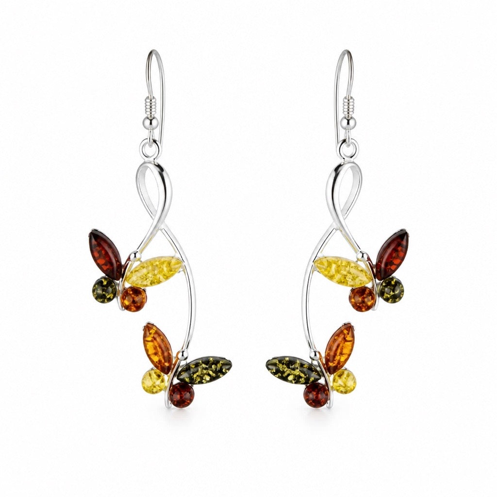 Filigrane Ohrhänger „Schmetterlinge“ aus 925 Silber & buntem Bernstein