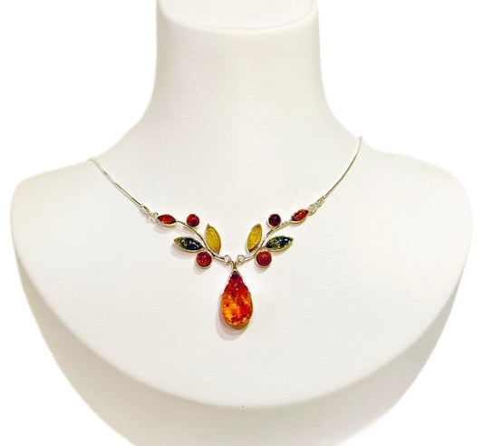 Romantisches Collier aus 925 Silber mit buntem Bernstein-Bouquet