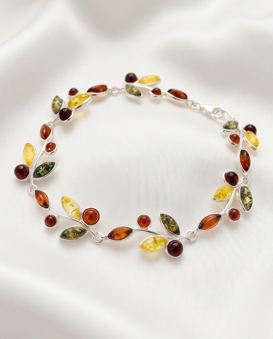 Armband „Blätterzauber“ mit bunten Bernsteinen.