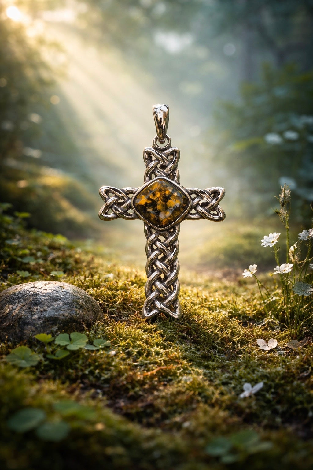 Keltisches Kreuz aus 925er Sterling Silber mit grünem Bernstein
