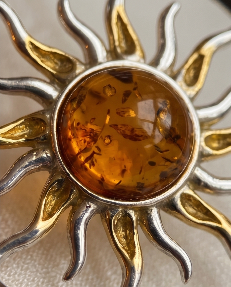 Sonnen Anhänger mit Cognac Bernstein – Symbol für Licht & innere Stärke.