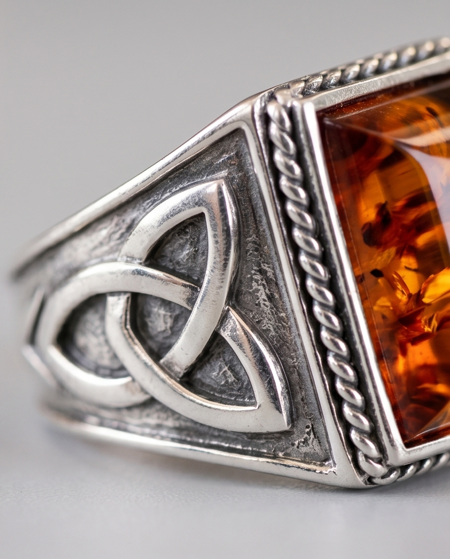 Massiver 925 Sterling Silber Ring im keltischen Design mit Bernstein