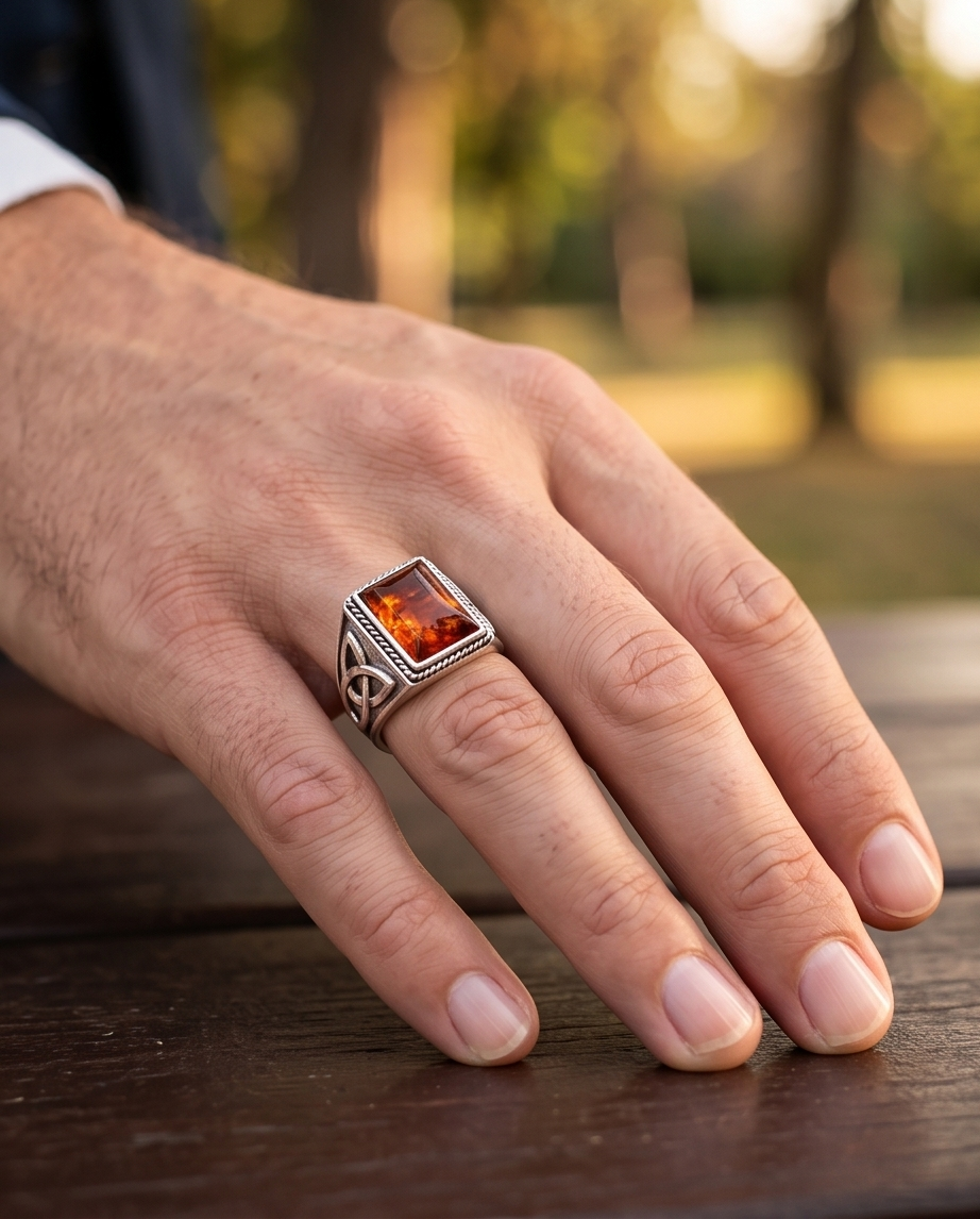Massiver 925 Sterling Silber Ring im keltischen Design mit Bernstein